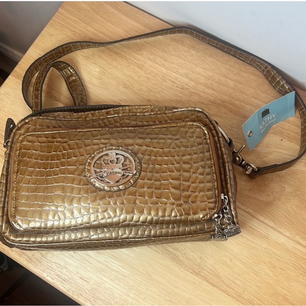 KATHY VAN ZEELAND Patent Croc Embossed Convertible Purse Bronze Y2K NEW